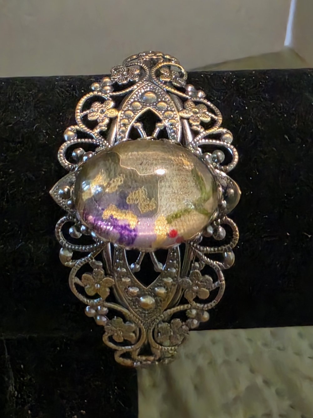 Silver Filigree Bracelet with Multicolor Glass Cabochon